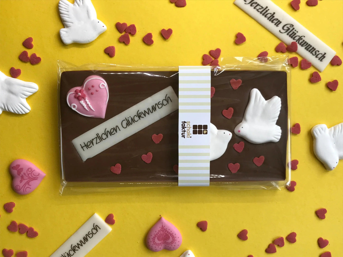 Vollmilch Schokolade Herzlichen Glückwunsch mit Zuckerherz "Rosa"-0