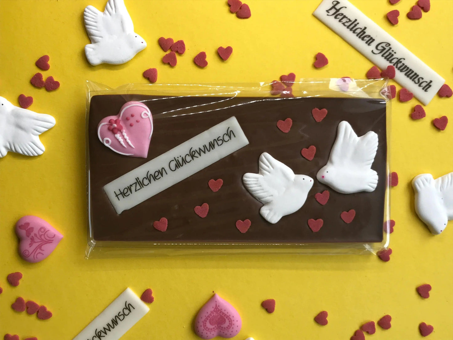 Vollmilch Schokolade Herzlichen Glückwunsch mit Zuckerherz "Rosa"-1